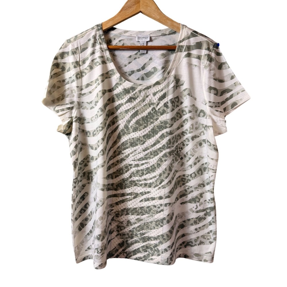 Zenergy by Chico's Size 16/18 XL (Chico's) 3 Top Green Zebra Print Short‎ Sleeve